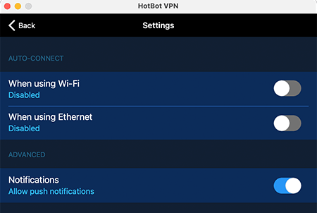 Screenshot of Hotbot VPN, settings