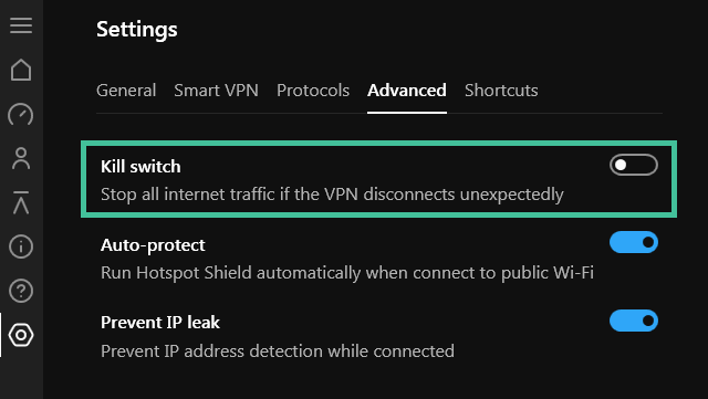 Screenshot of HotSpot Shield App, Advanced settings kill switch