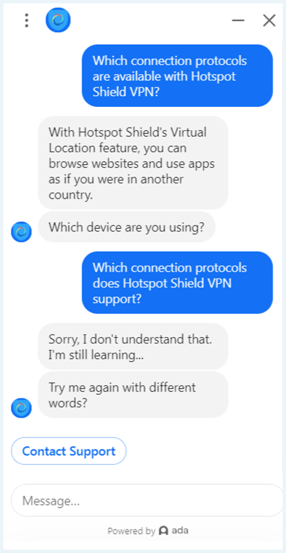 Screenshot of HotSpot Shield App, AI powered support bot