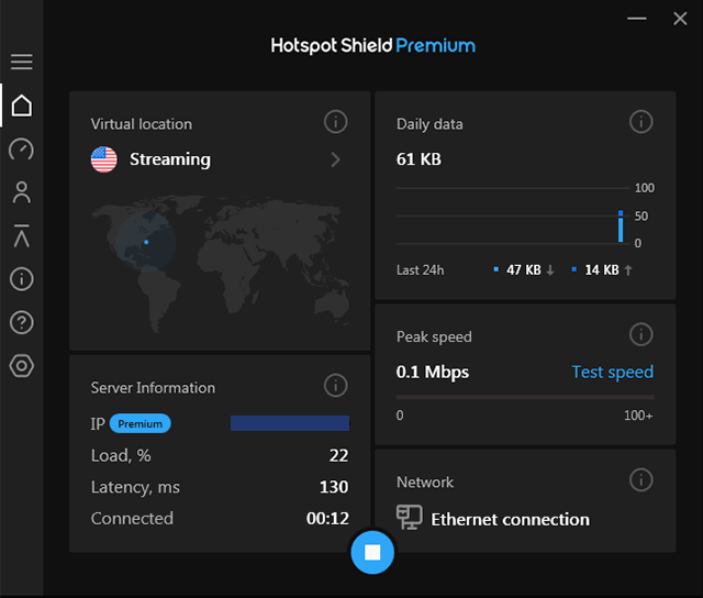 Screenshot of HotSpot Shield App, Client connected