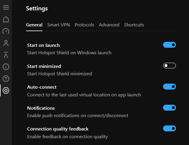 Screenshot of HotSpot Shield App, General settings