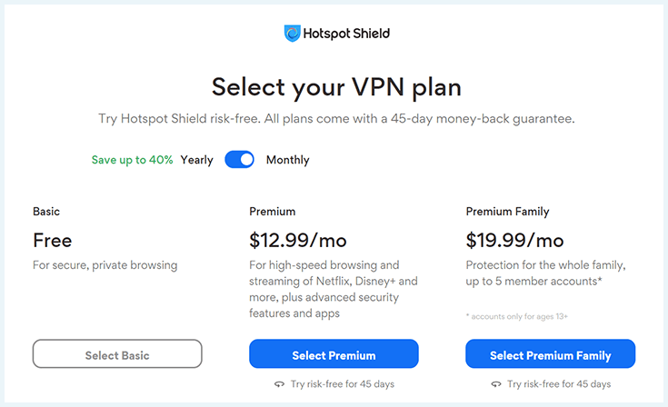 Screenshot of Hotspot Shield monthly pricing plans