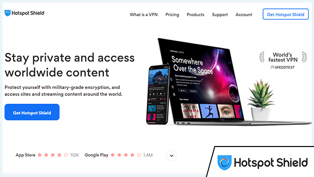 Screenshot of Hotspot Shield, website homepage with added logo