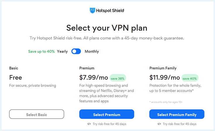 Screenshot of Hotspot Shield yearly pricing plans