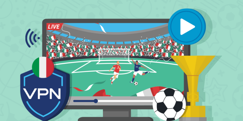 A TV showing two Serie A footballers jostling for a football with a VPN badge and trophy its two sides