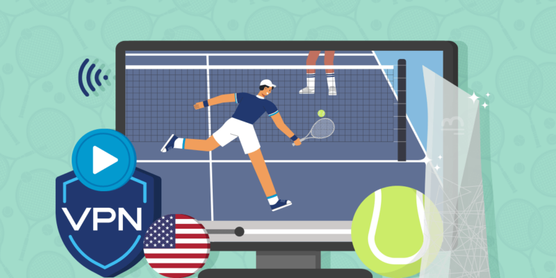 A graphic image of a tennis player on a TV screen, next to a VPN shield, a symbol of the United States flag and a tennis ball.