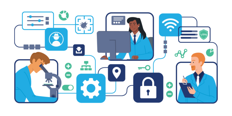 Various Online Privacy and Cyber Security related icons surrounding three researchers