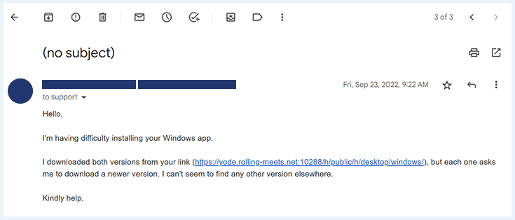 Screenshot of Hoxx VPN, customer support email