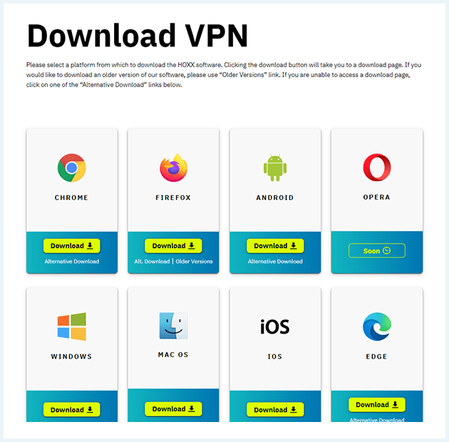 Screenshot of Hoxx VPN, download options