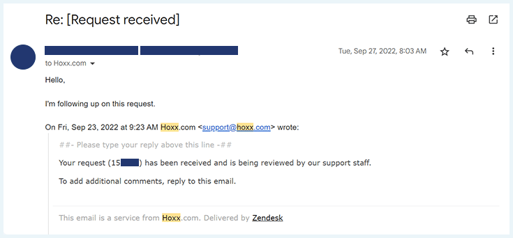 Screenshot of Hoxx VPN, support email follow up