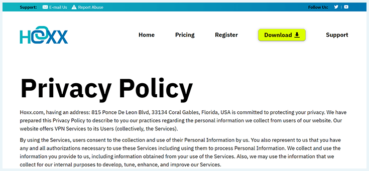 Screenshot of Hoxx VPN, Privacy Policy