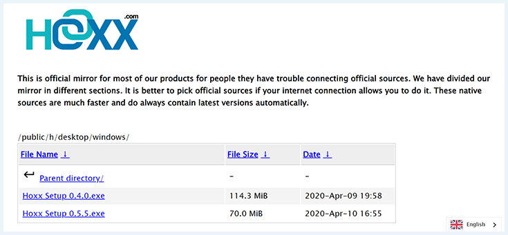 Screenshot of Hoxx VPN, download setup files for Windows