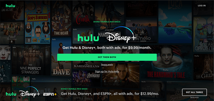 Screenshot of Hulu website homepage