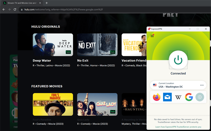 A screenshot of the Hulu homepage in the background with the ExpressVPN client in the foreground.