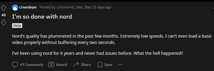Screenshot of Reddit post on r/nordvpn