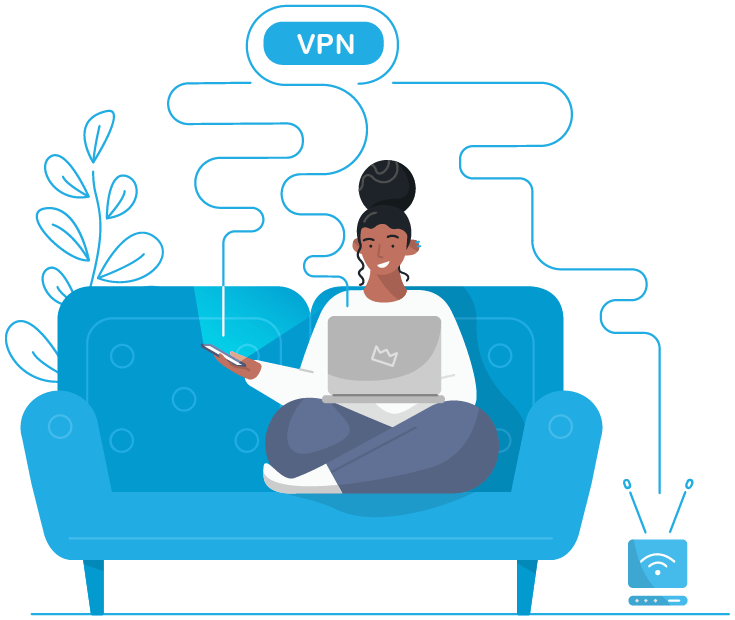 Woman sitting on a couch with a laptop and smartphone connected to a VPN router