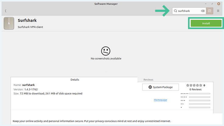 Linux Software manager, search and install Surfshark