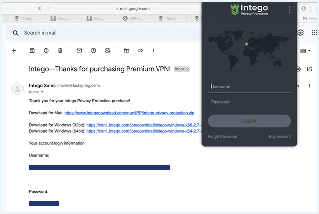 Screenshot of Intego Privacy Protection, email confirmation