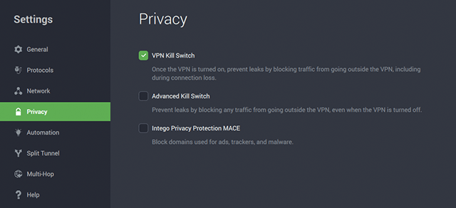 Screenshot of Intego VPN, kill switch privacy settings