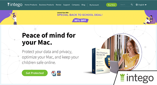 Screenshot of Intego VPN, website homepage with added logo in the corner