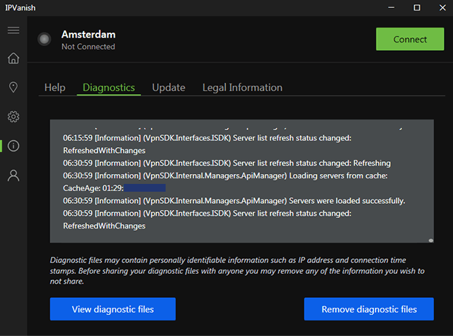 Screenshot of IPVanish, Diagnostic files