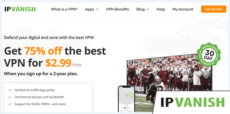 A screenshot of IPVanish's homepage with a discount offer