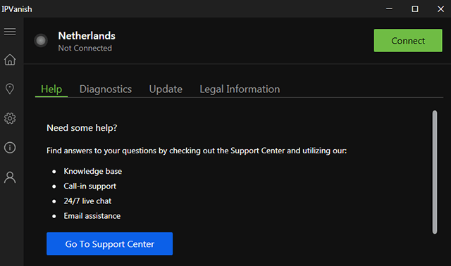 Screenshot of IPVanish, in app help