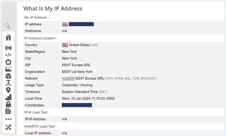 A screenshot of our IPVanish IP leak test