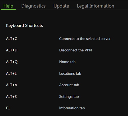 Screenshot of IPVanish, keyboard shortcuts