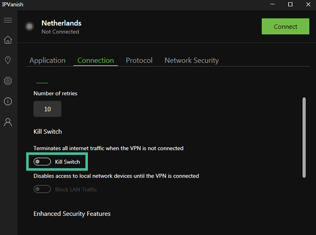 Screenshot of IPVanish, Kill switch