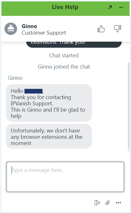 Screenshot of IPVanish, live chat