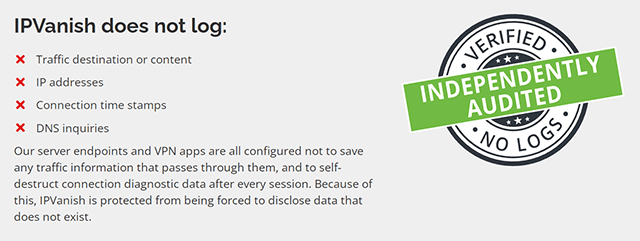 Screenshot of IPVanish, no logs policy