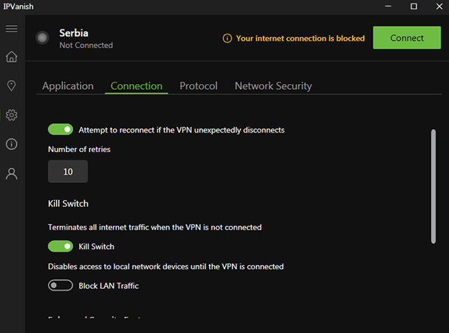 Screenshot of IPVanish, permanent kill switch