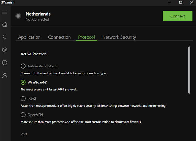 Screenshot of IPVanish, protocols