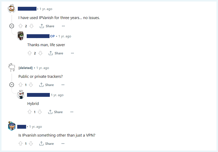 A screenshot of some Reddit comments about IPVanish