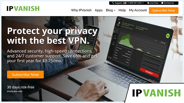 Screenshot of IPVanish website with added logo in the bottom