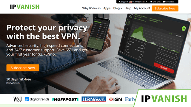 Screenshot of IPVanish website page with logo