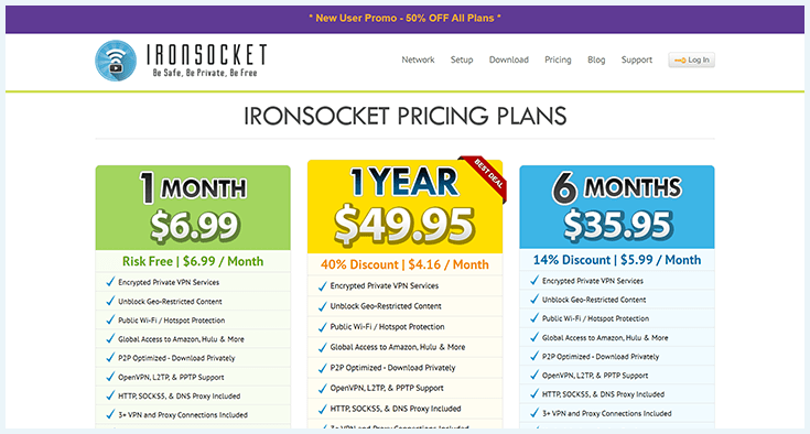 A screenshot of IronSocket's pricing plans.