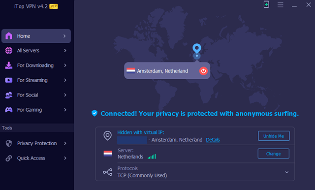 Screenshot of iTop VPN, client connected