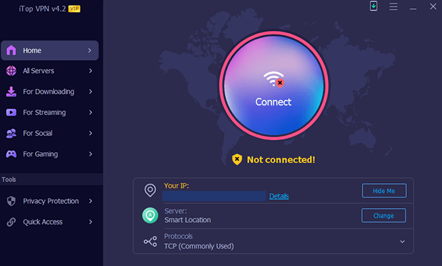 Screenshot of iTop VPN, client disconnected