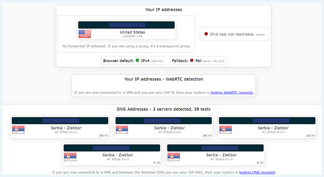 Screenshot of iTop VPN, DNS leaks