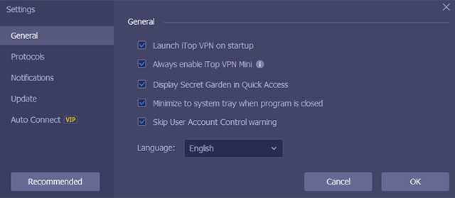 Screenshot of iTop VPN, general settings