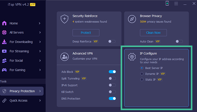 Screenshot of iTop VPN, IP configure