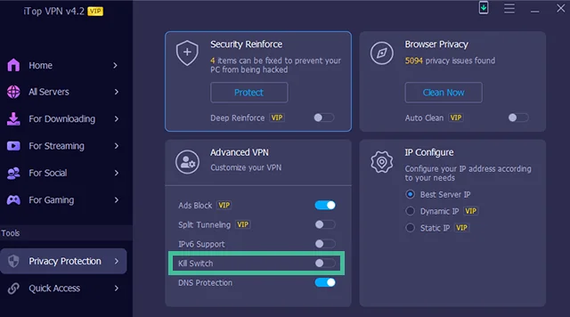 Screenshot of iTop VPN, kill switch