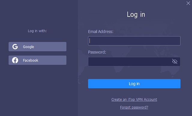 Screenshot of iTop VPN, login screen