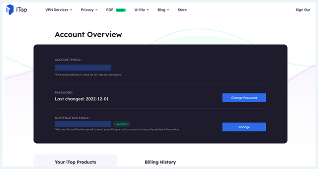 Screenshot of iTop VPN, personal dashboard