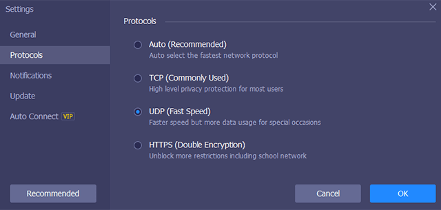 Screenshot of iTop VPN, protocols