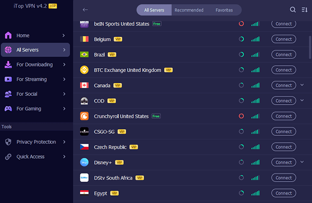 Screenshot of iTop VPN, servers