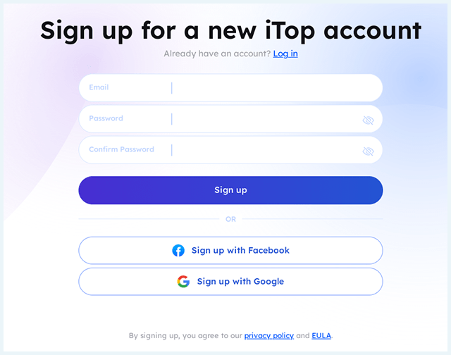 Screenshot of iTop VPN, sign up screen