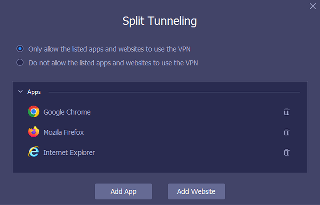 Screenshot of iTop VPN, split tunneling